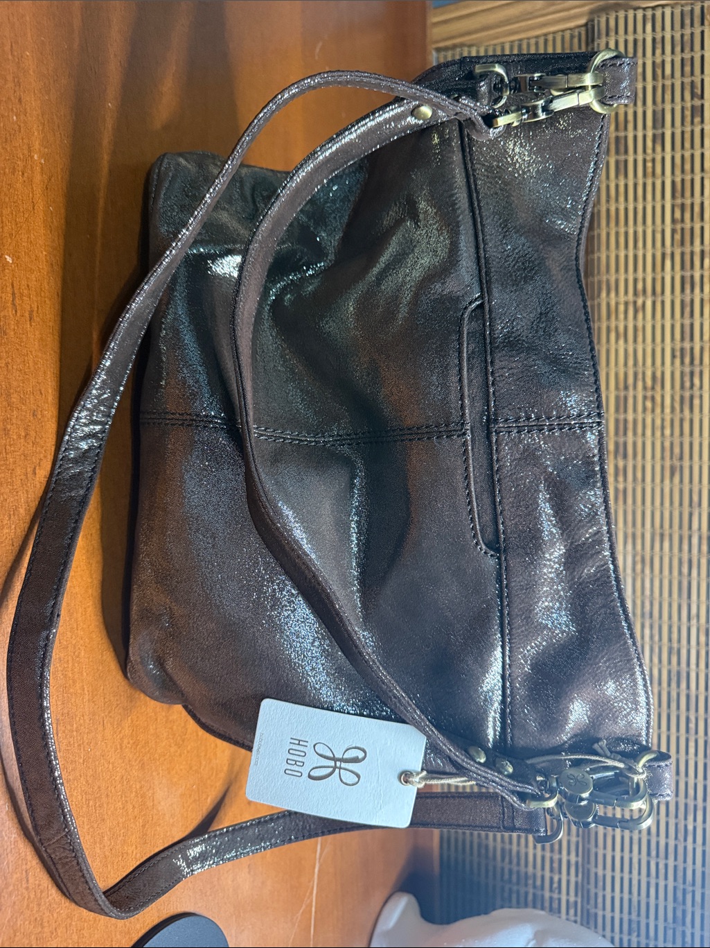 Hobo Shiny Chocolate Brown Leather Shoulder Bag With Dust Bag.